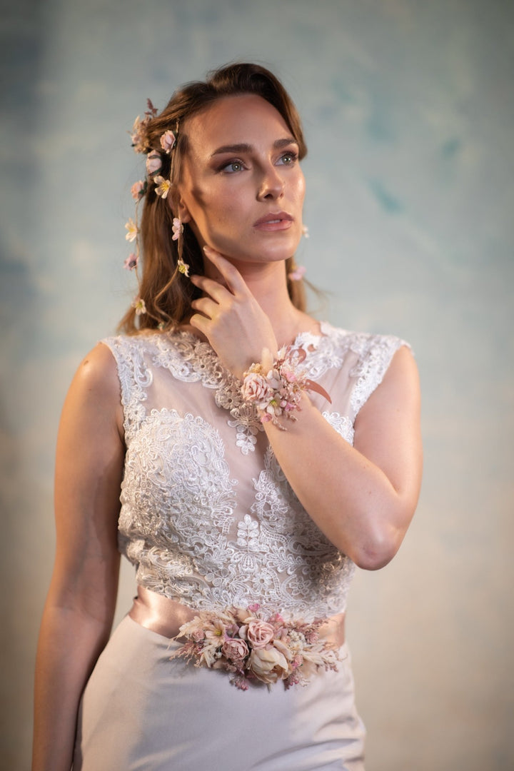Pale Pink Flower Wedding Belt: Blush Ivory Bridal Sash – handmade floral hair accessory by magaela