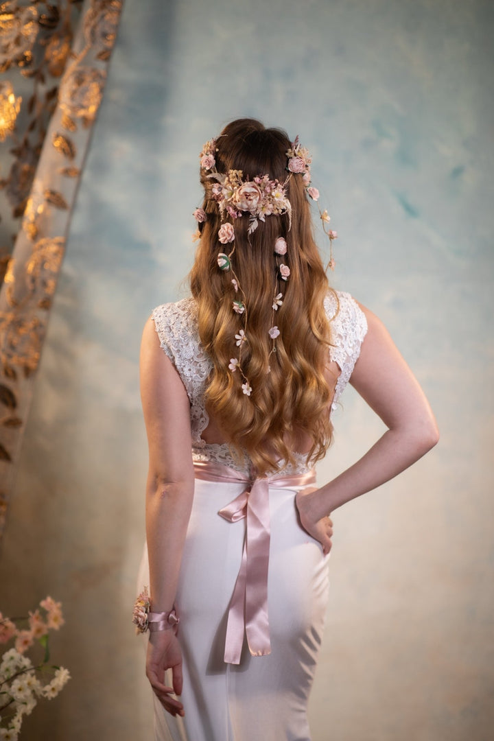 Boho Bridal Hair Vine: Pale Pink Flower Veil, Cottagecore Wedding – handmade floral hair accessory by magaela