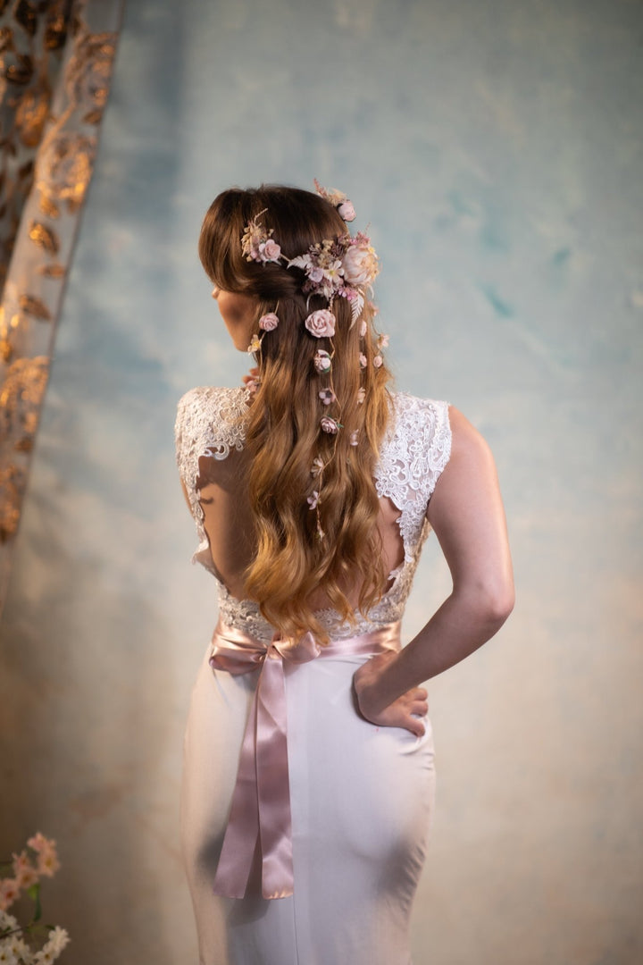Boho Bridal Hair Vine: Pale Pink Flower Veil, Cottagecore Wedding – handmade floral hair accessory by magaela