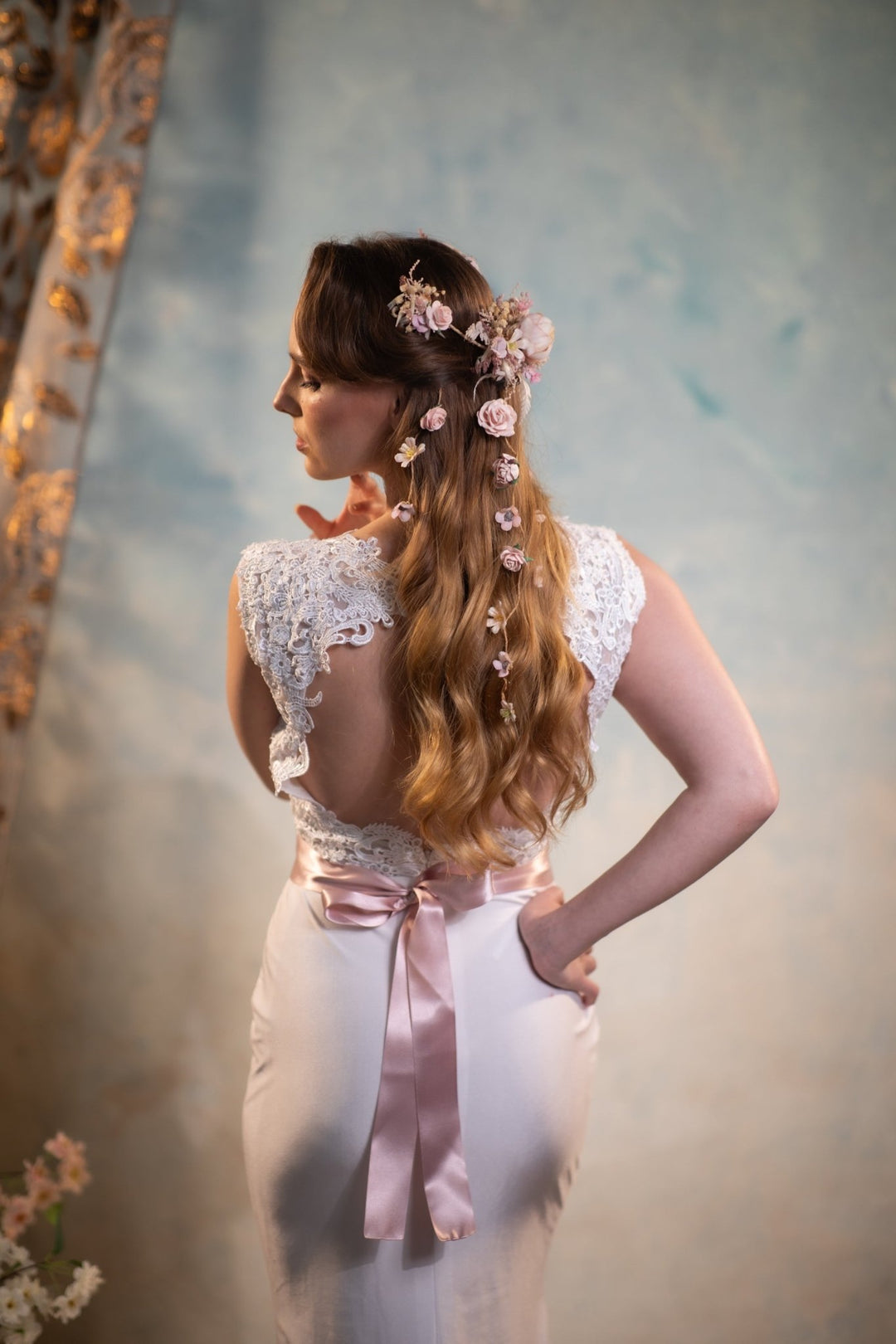 Boho Bridal Hair Vine: Pale Pink Flower Veil, Cottagecore Wedding – handmade floral hair accessory by magaela