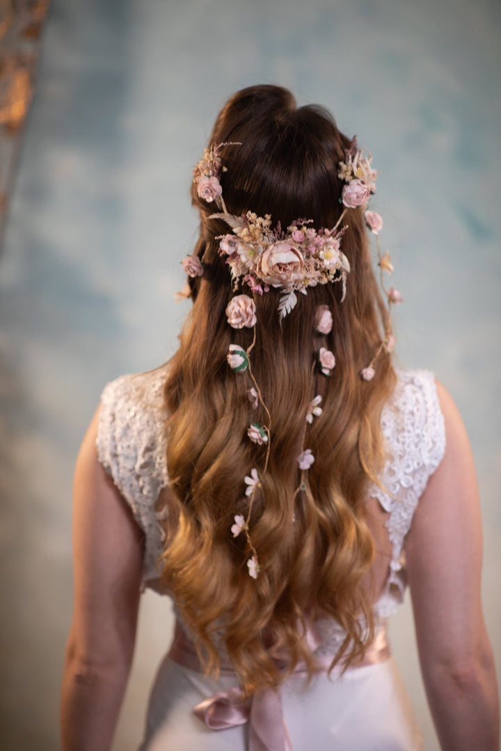 Boho Bridal Hair Vine: Pale Pink Flower Veil, Cottagecore Wedding – handmade floral hair accessory by magaela