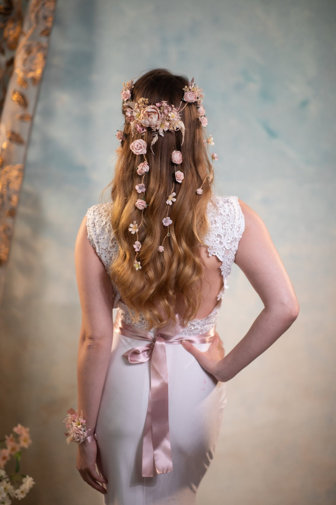 Boho Bridal Hair Vine: Pale Pink Flower Veil, Cottagecore Wedding – handmade floral hair accessory by magaela