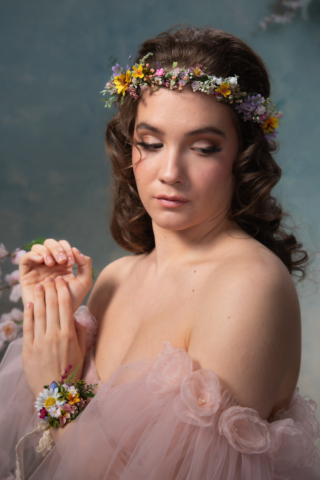 Sunflower Half Wreath Bridal Crown with Wildflowers and Dried Botanicals