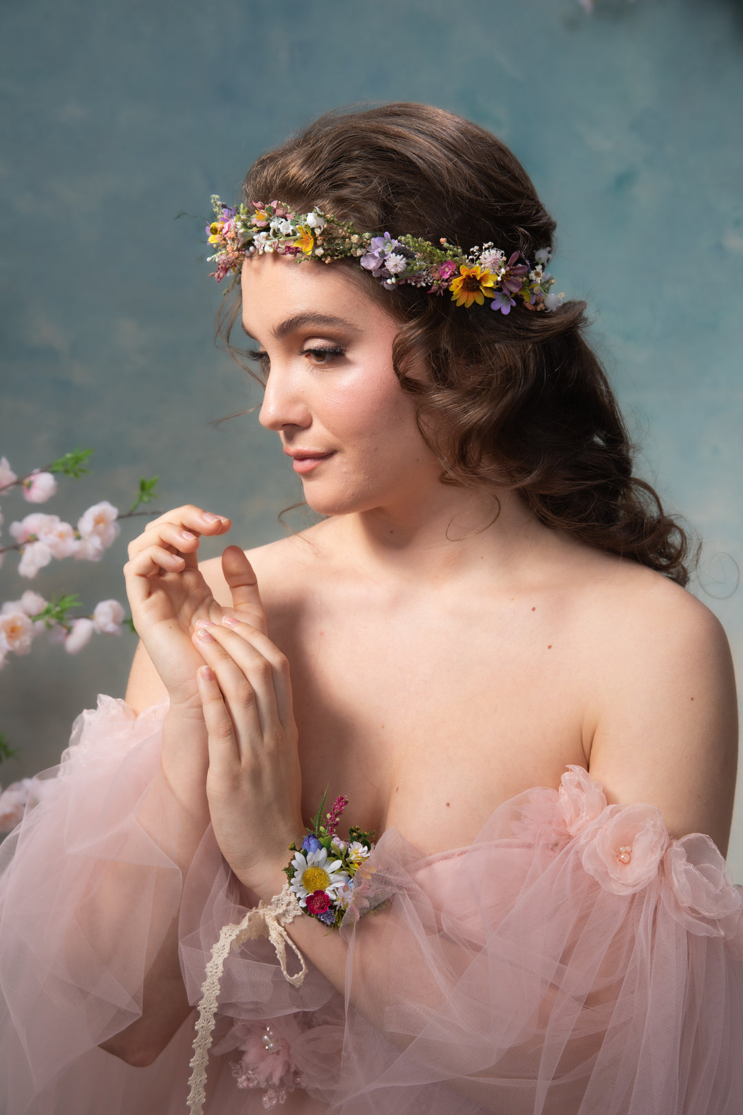 Sunflower Half Wreath Bridal Crown with Wildflowers and Dried Botanicals