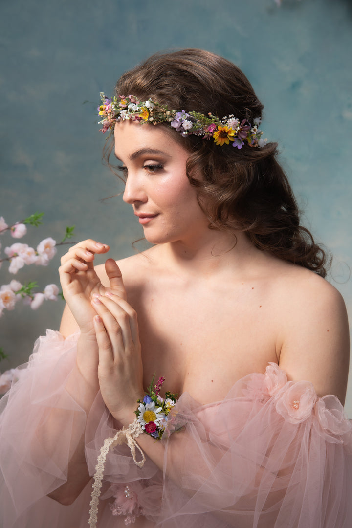 Sunflower Half Wreath Bridal Crown with Wildflowers and Dried Botanicals