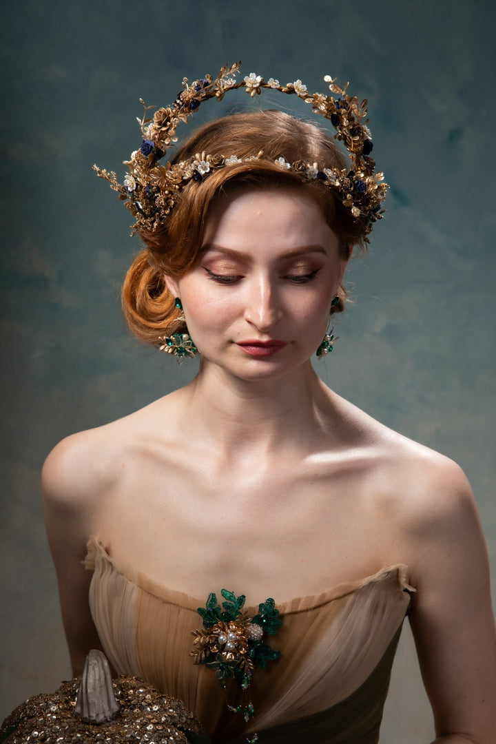 Royal Blue & Gold Flower Crown: Glam Wedding Tiara – handmade floral hair accessory by magaela