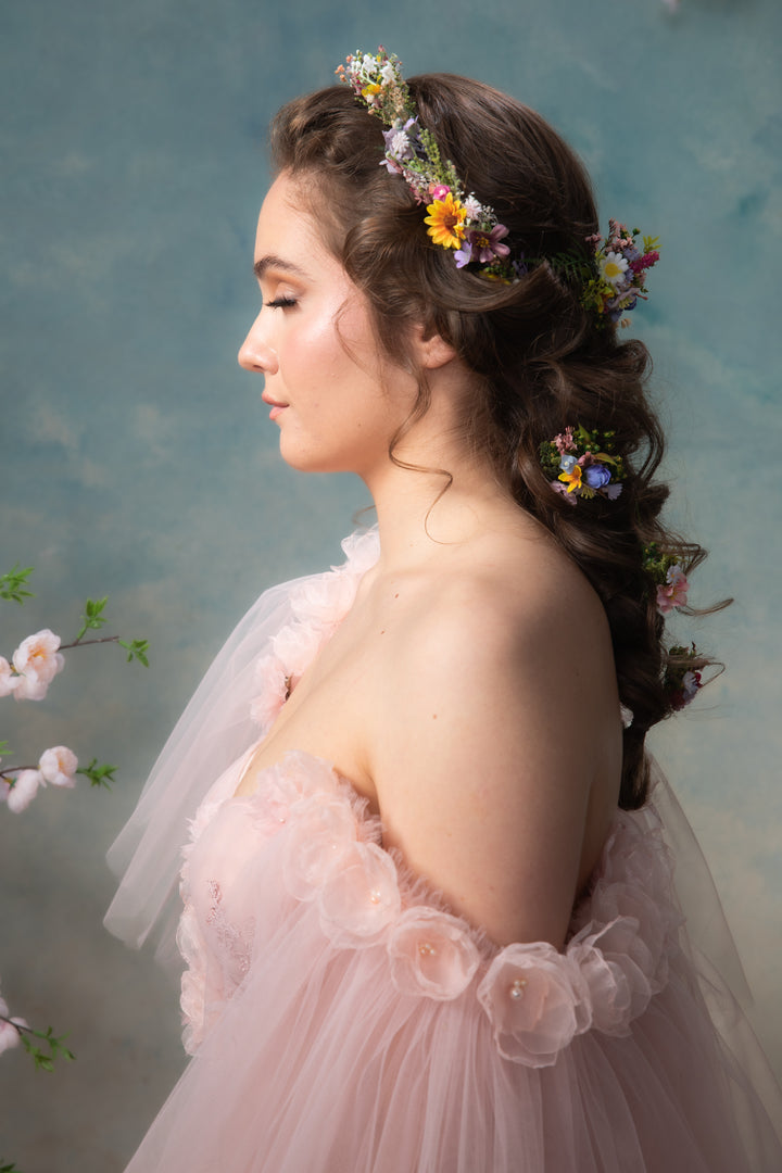 Sunflower Half Wreath Bridal Crown with Wildflowers and Dried Botanicals