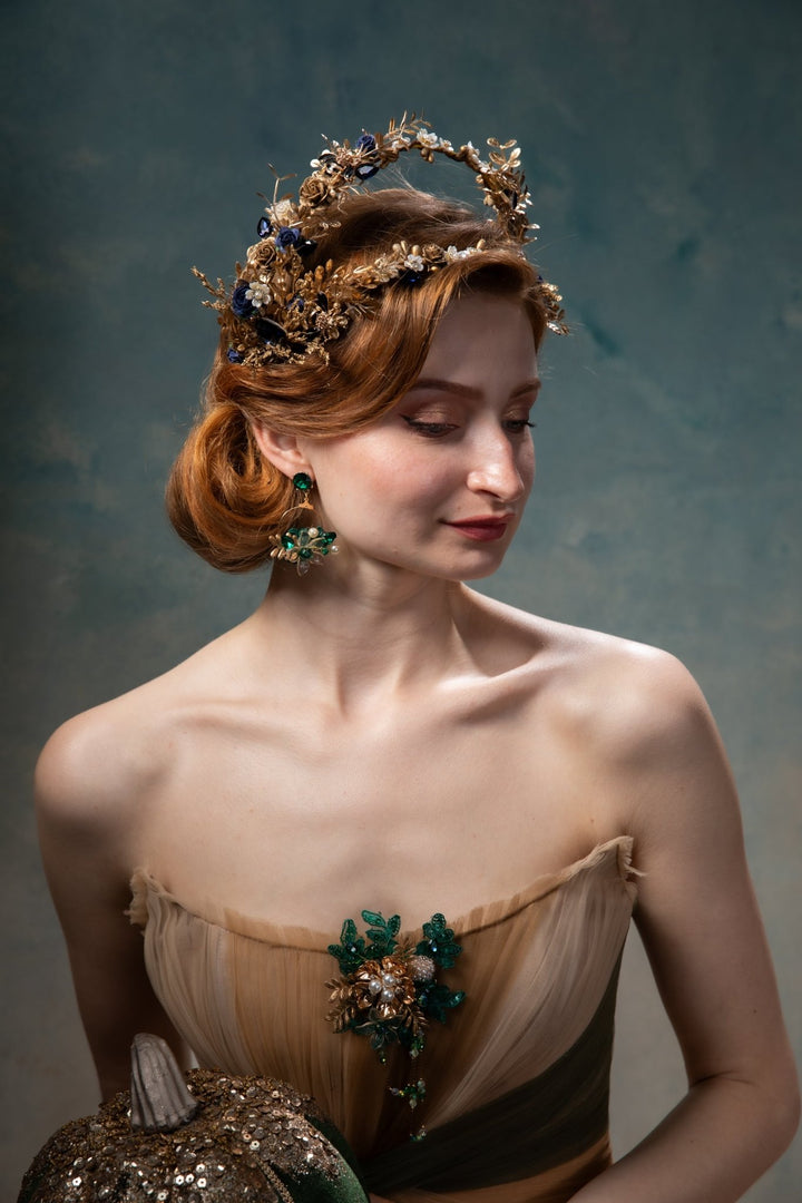 Royal Blue & Gold Flower Crown: Glam Wedding Tiara – handmade floral hair accessory by magaela