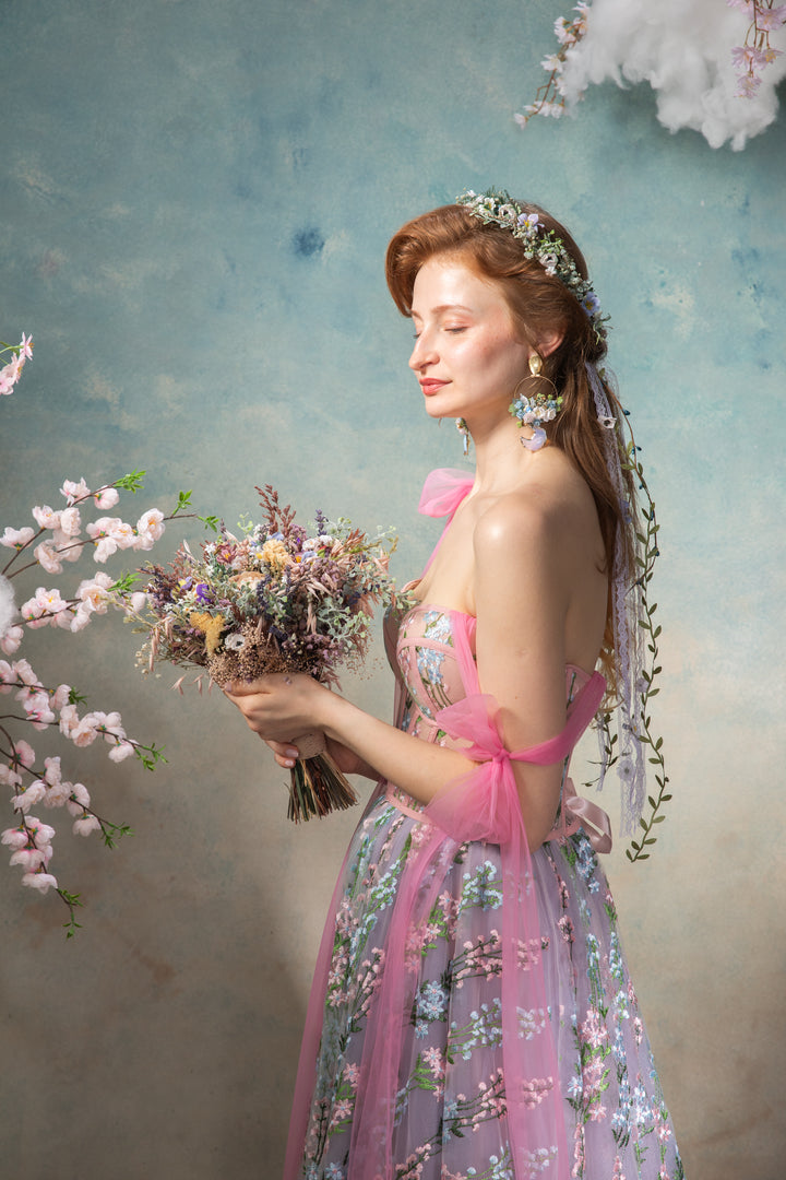 Flower Crown with Lace Veil and Floral Vines - Daisy Bridal Wreath
