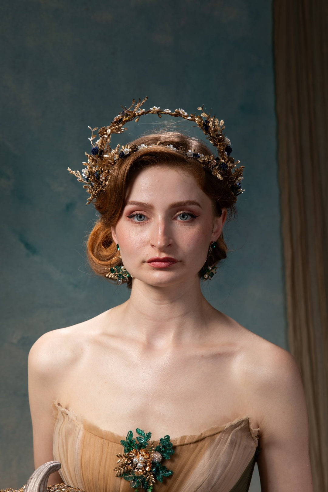 Royal Blue & Gold Flower Crown: Glam Wedding Tiara – handmade floral hair accessory by magaela
