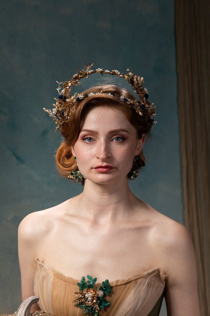 Royal Blue & Gold Flower Crown: Glam Wedding Tiara – handmade floral hair accessory by magaela