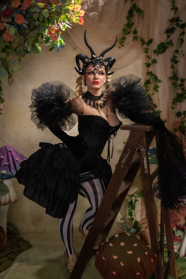 Glam black horns crown with blue and gold accent: magical accesory for fantasy ball