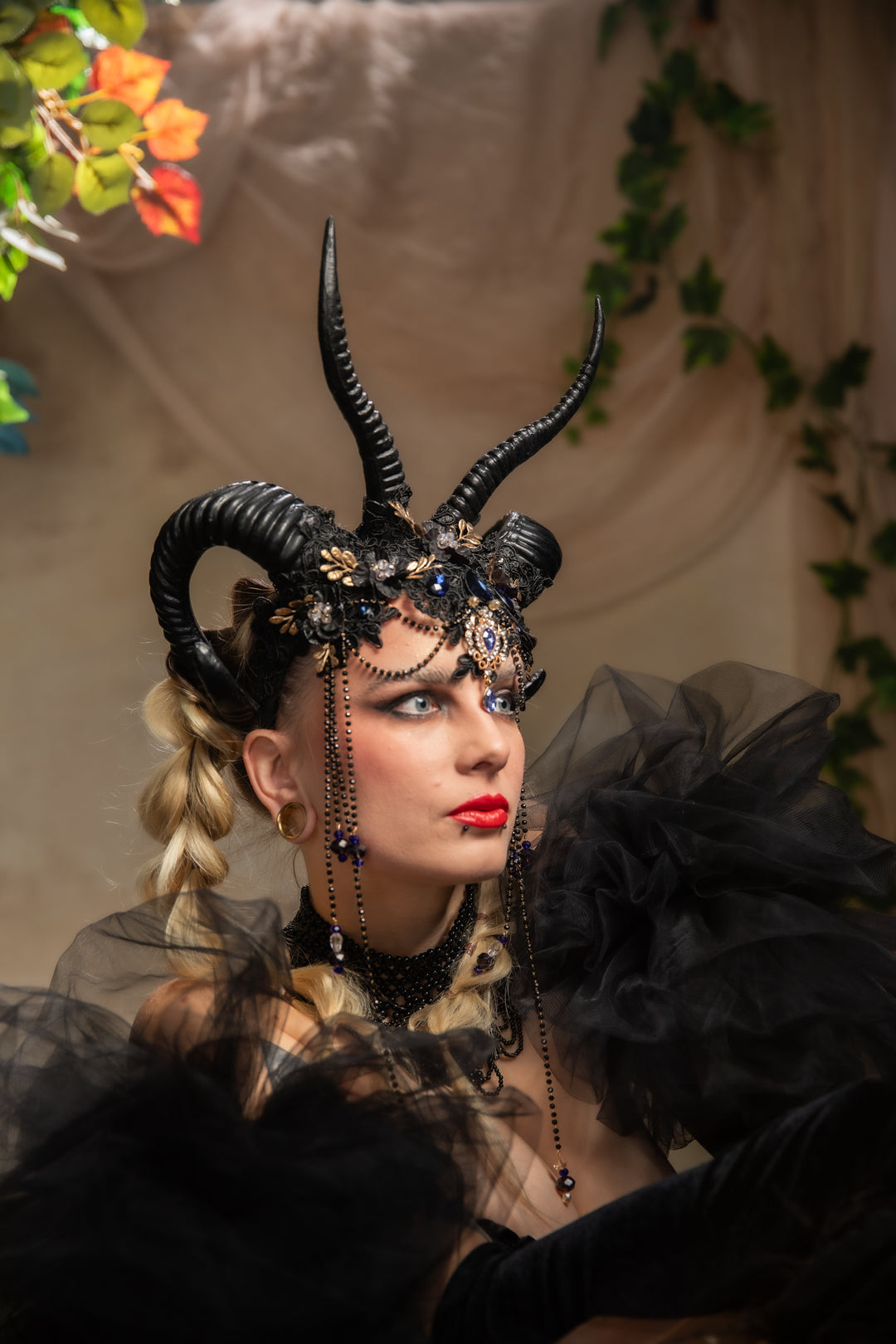 Glam black horns crown with blue and gold accent: magical accesory for fantasy ball