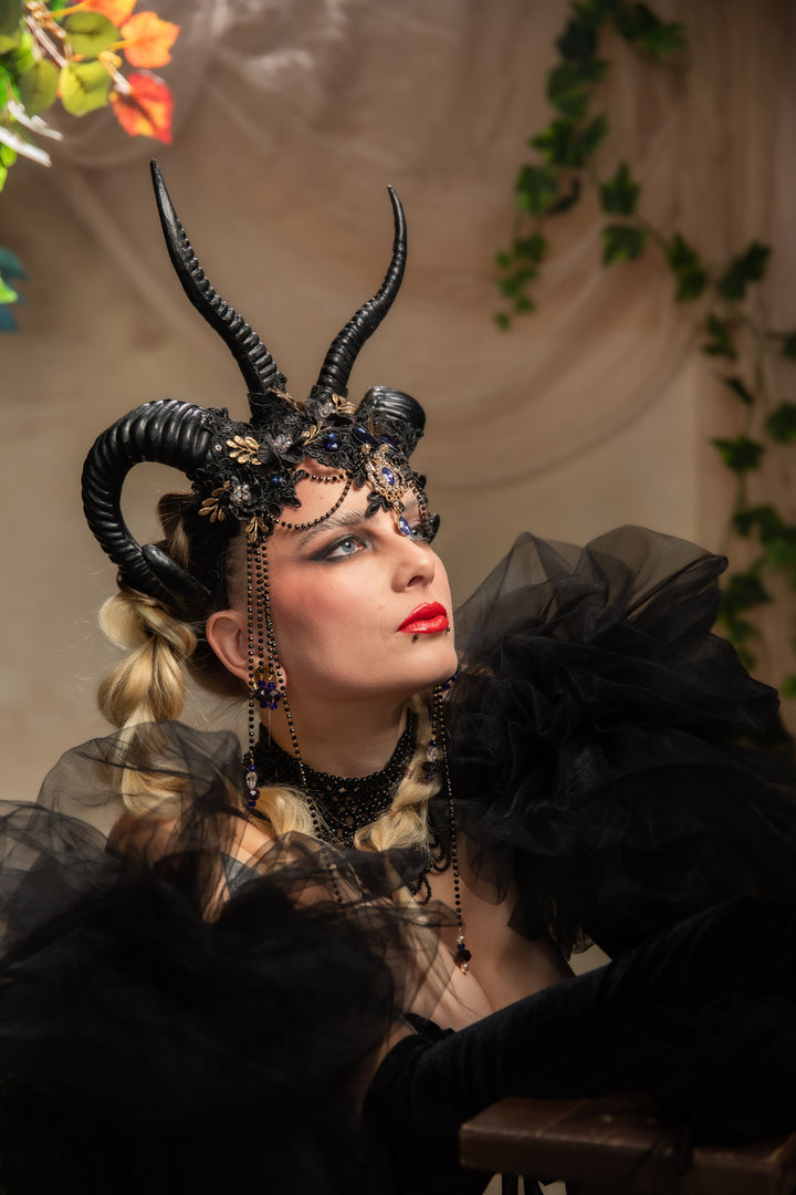 Glam black horns crown with blue and gold accent: magical accesory for fantasy ball
