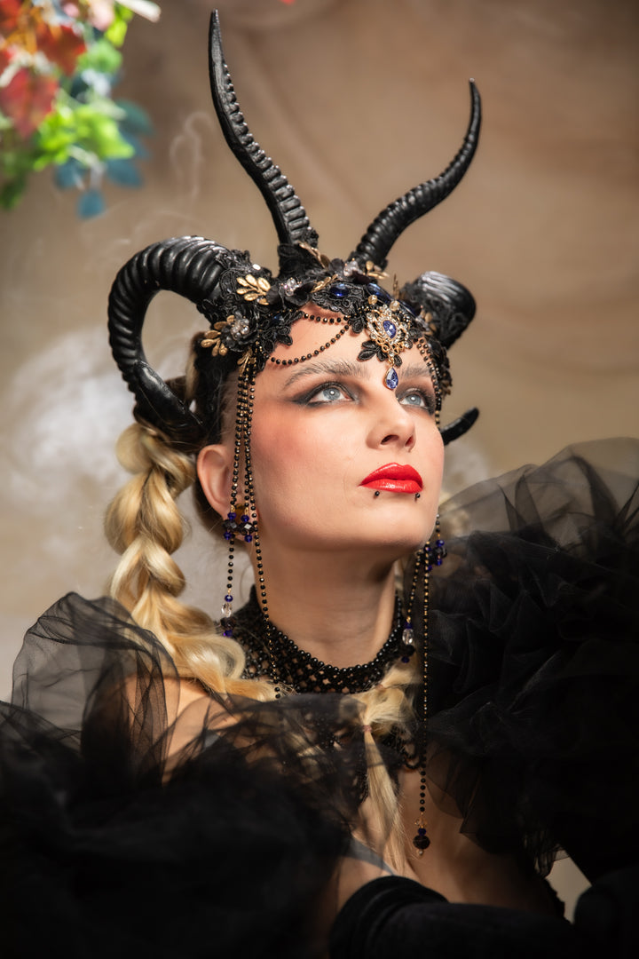 Glam black horns crown with blue and gold accent: magical accesory for fantasy ball