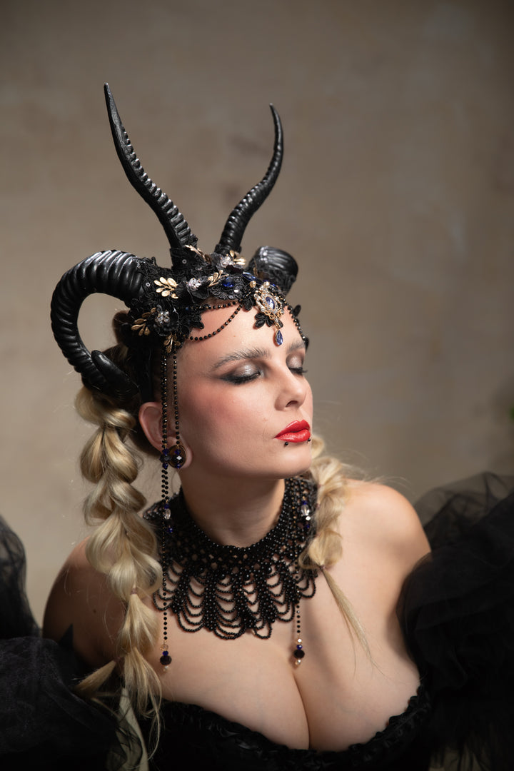 Glam black horns crown with blue and gold accent: magical accesory for fantasy ball