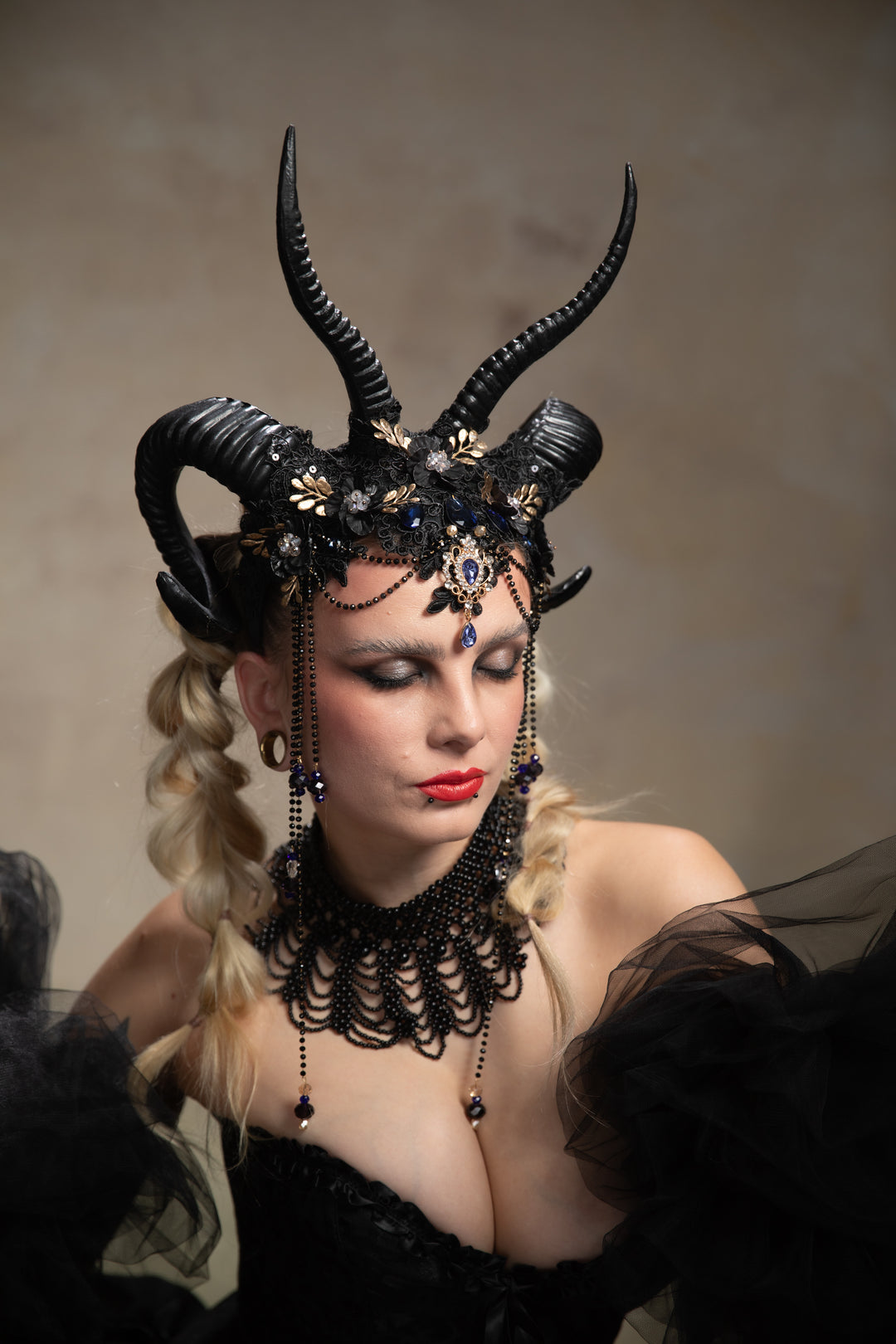 Glam black horns crown with blue and gold accent: magical accesory for fantasy ball