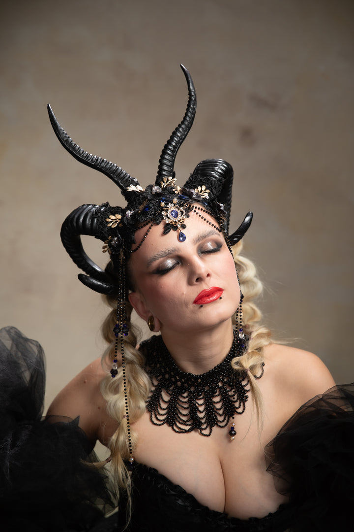 Glam black horns crown with blue and gold accent: magical accesory for fantasy ball