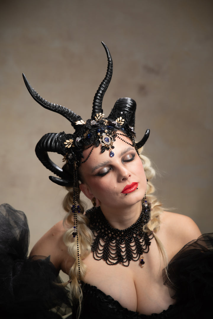 Glam black horns crown with blue and gold accent: magical accesory for fantasy ball