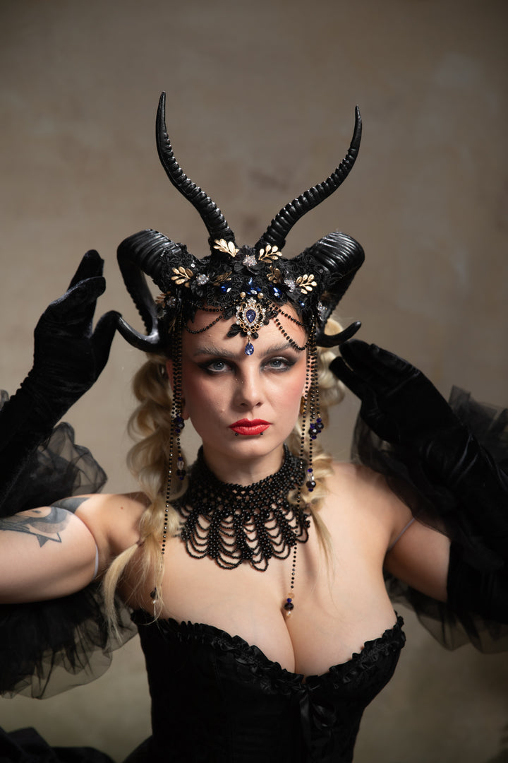 Glam black horns crown with blue and gold accent: magical accesory for fantasy ball