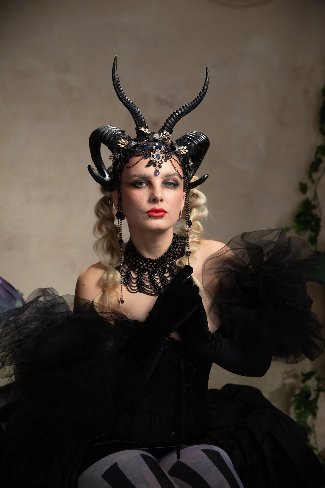 Glam black horns crown with blue and gold accent: magical accesory for fantasy ball
