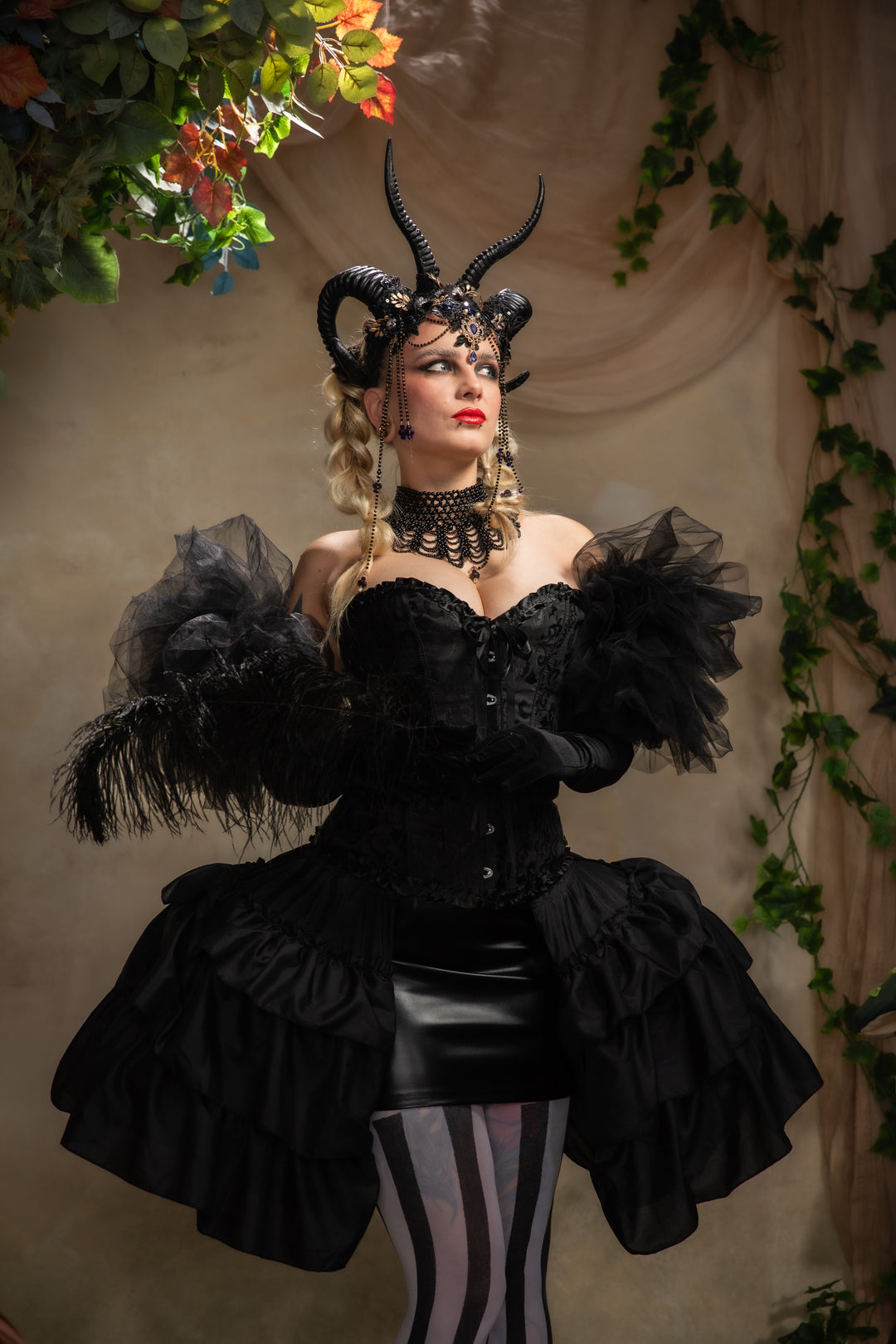 Glam black horns crown with blue and gold accent: magical accesory for fantasy ball