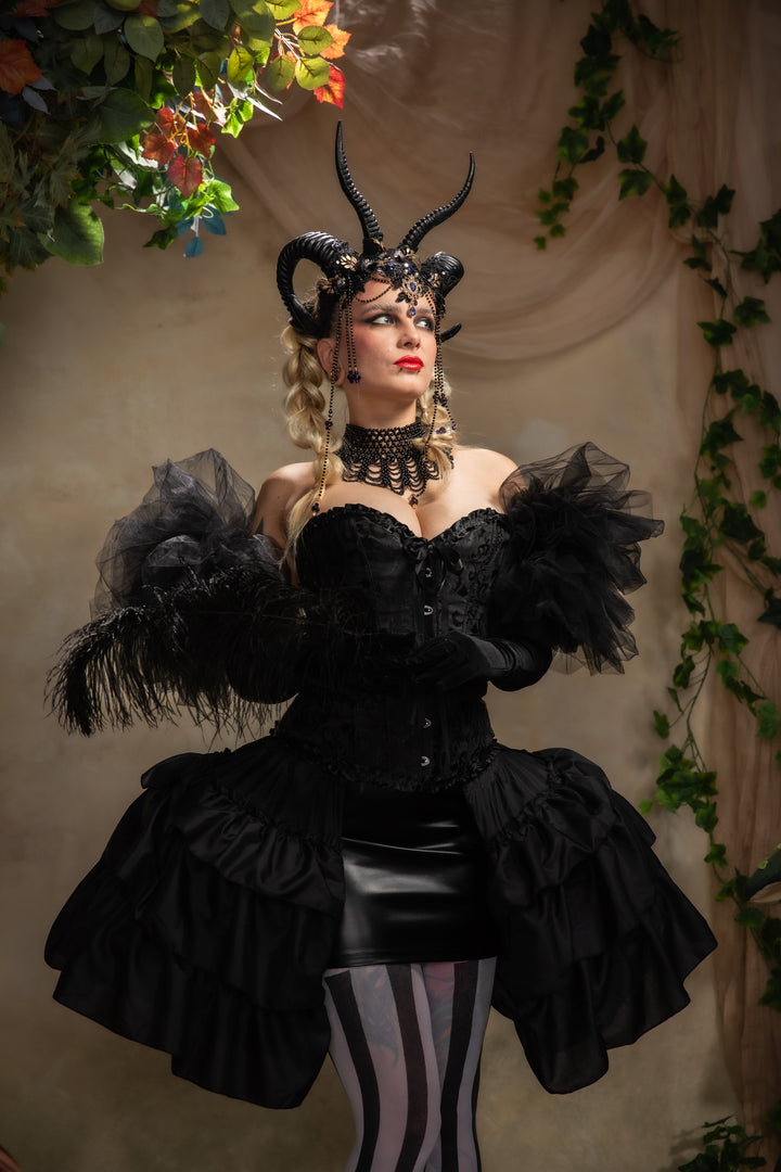 Glam black horns crown with blue and gold accent: magical accesory for fantasy ball