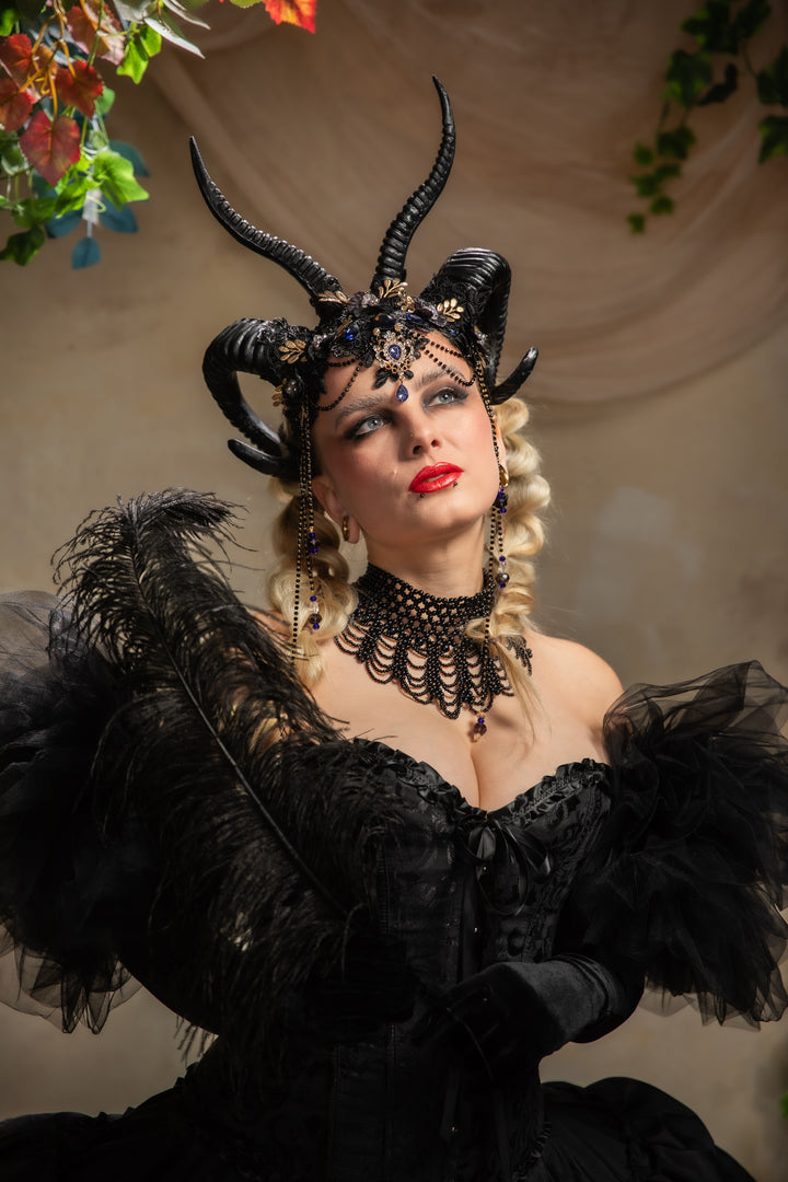 Glam black horns crown with blue and gold accent: magical accesory for fantasy ball