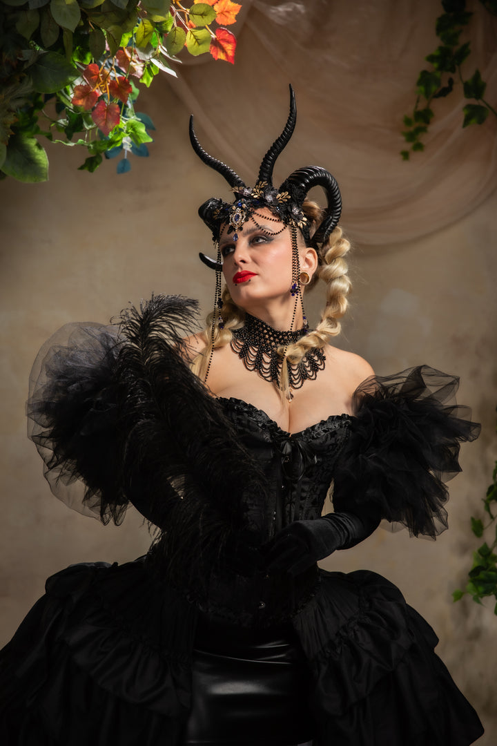 Glam black horns crown with blue and gold accent: magical accesory for fantasy ball
