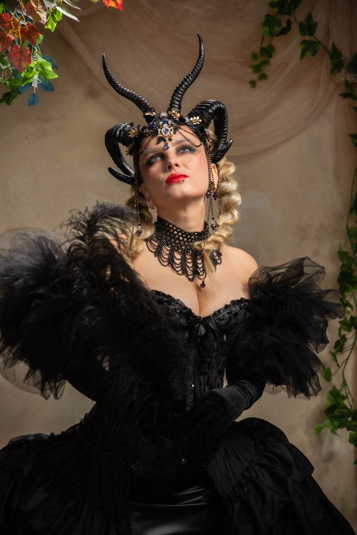 Glam black horns crown with blue and gold accent: magical accesory for fantasy ball