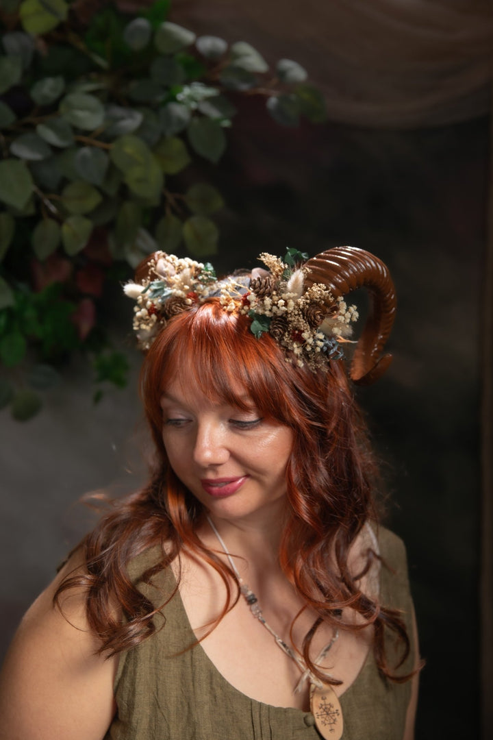 Woodland Horns Headband: Wicca Pagan Crown with Pine Cones – handmade floral hair accessory by magaela