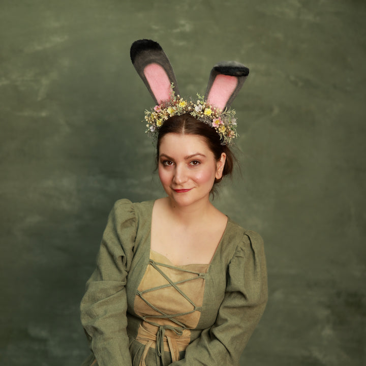 Grey Bunny Ears Headband with Pink & Yellow Flowers - Festival – handmade floral hair accessory by magaela