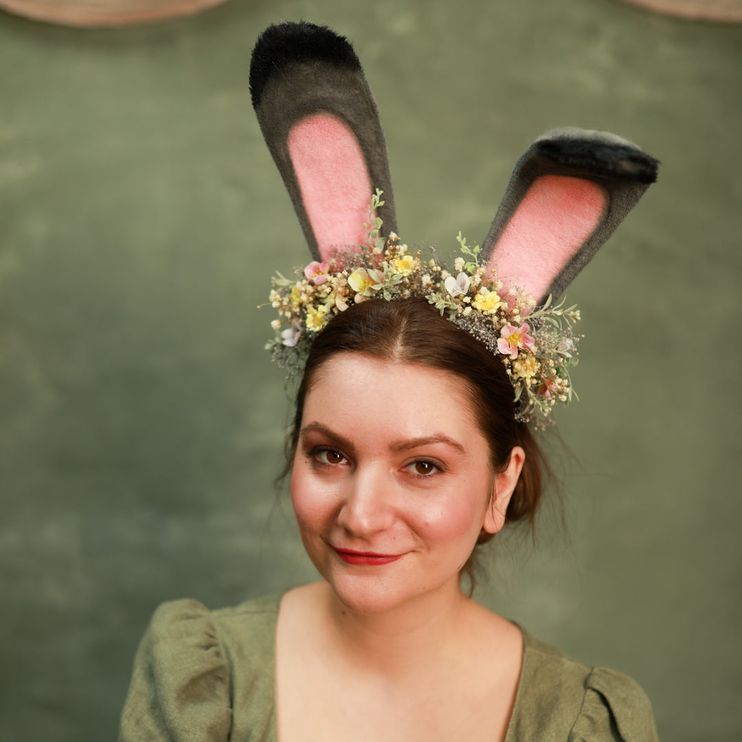 Grey Bunny Ears Headband with Pink & Yellow Flowers - Festival – handmade floral hair accessory by magaela