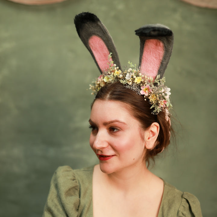 Grey Bunny Ears Headband with Pink & Yellow Flowers - Festival – handmade floral hair accessory by magaela