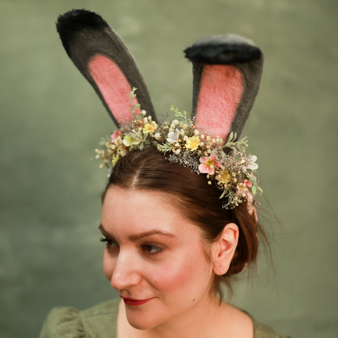 Grey Bunny Ears Headband with Pink & Yellow Flowers - Festival – handmade floral hair accessory by magaela