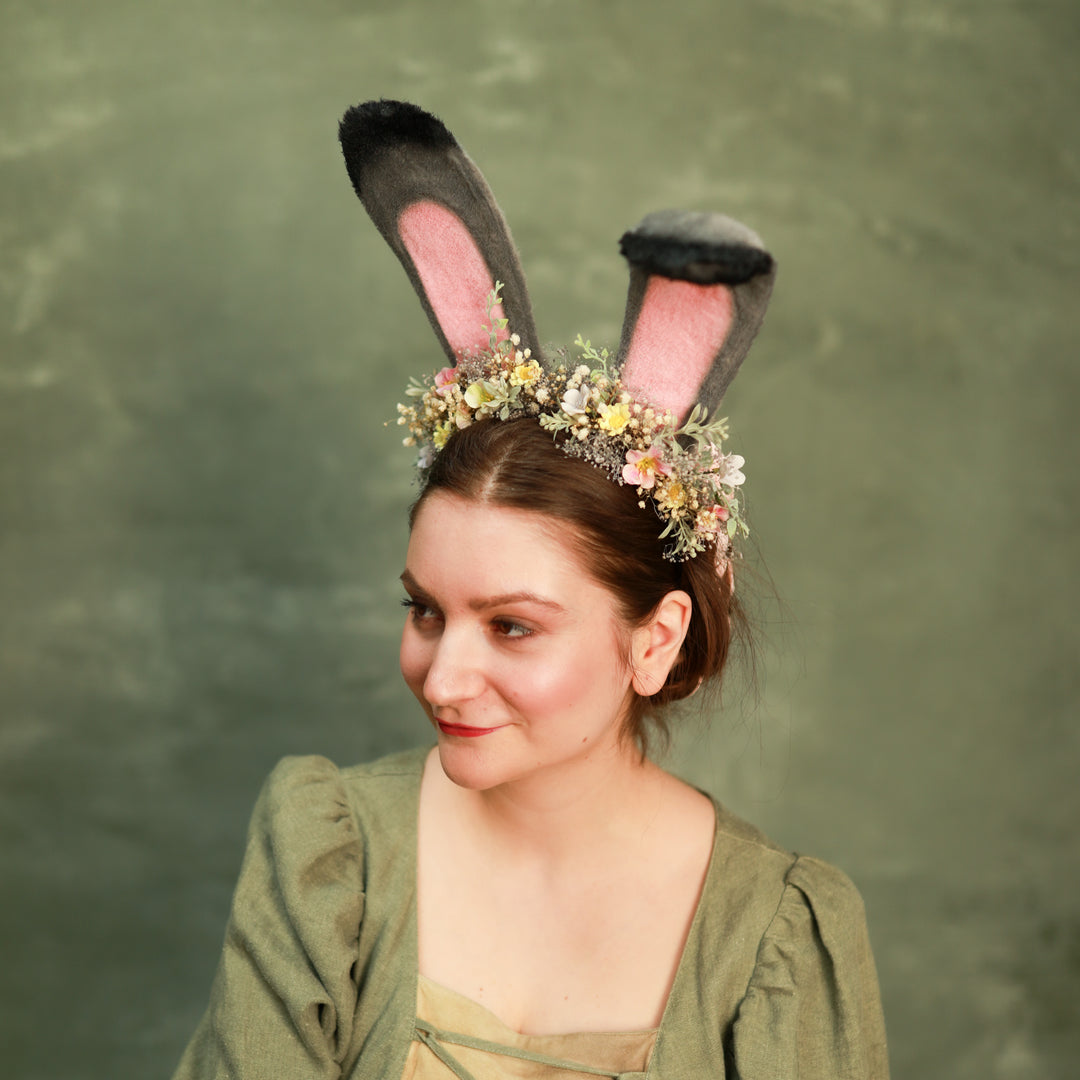 Grey Bunny Ears Headband with Pink & Yellow Flowers - Festival – handmade floral hair accessory by magaela