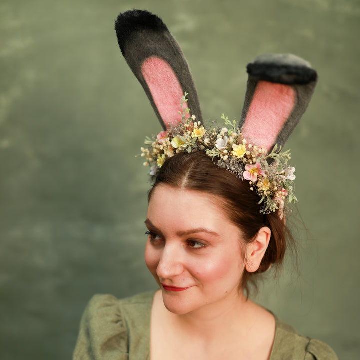 Grey Bunny Ears Headband with Pink & Yellow Flowers - Festival – handmade floral hair accessory by magaela