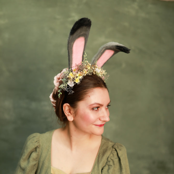 Grey Bunny Ears Headband with Pink & Yellow Flowers - Festival – handmade floral hair accessory by magaela