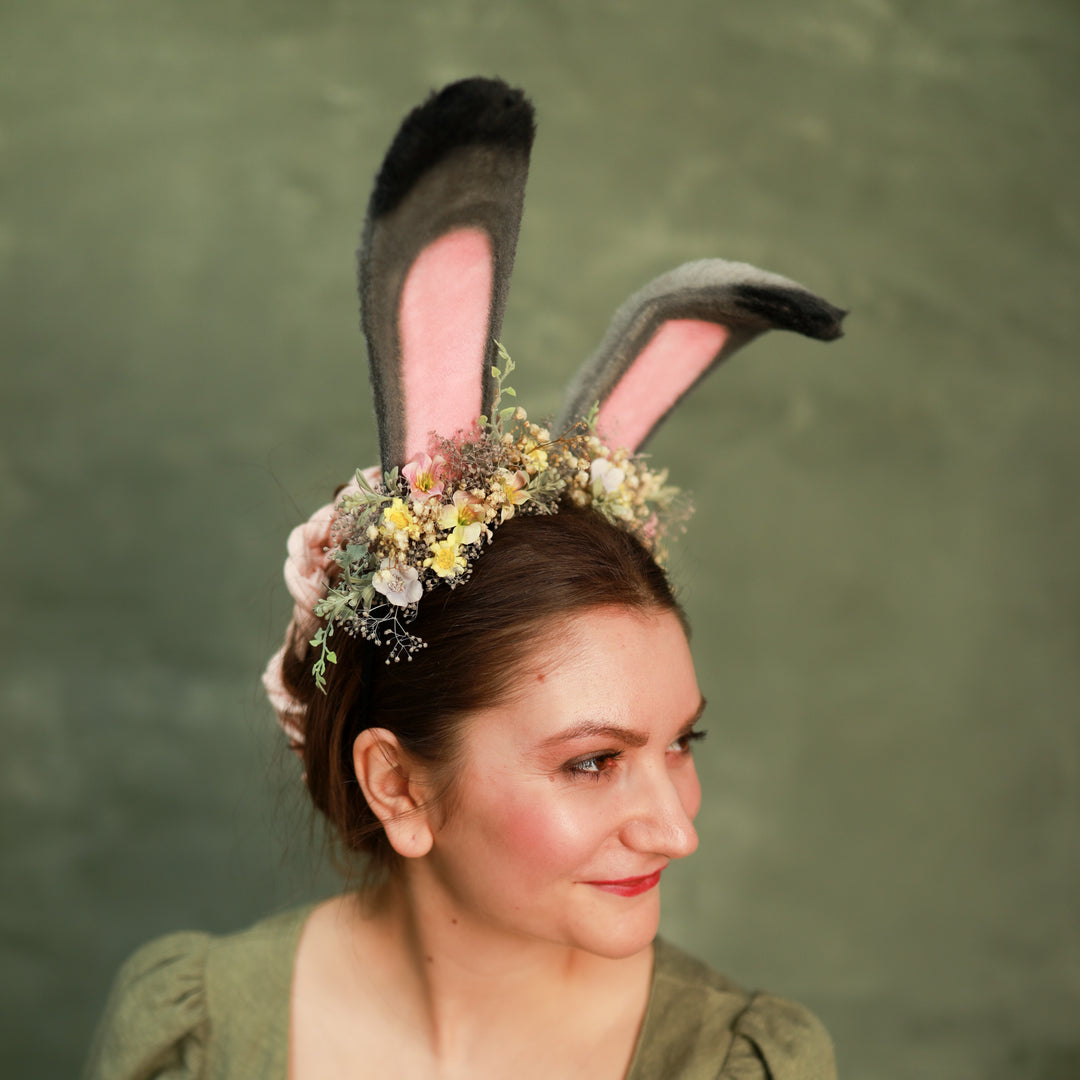 Grey Bunny Ears Headband with Pink & Yellow Flowers - Festival – handmade floral hair accessory by magaela