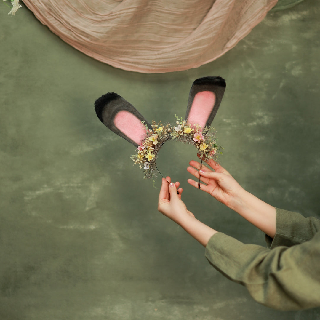 Grey Bunny Ears Headband with Pink & Yellow Flowers - Festival – handmade floral hair accessory by magaela
