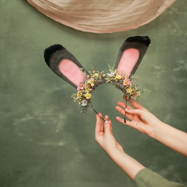 Grey Bunny Ears Headband with Pink & Yellow Flowers - Festival – handmade floral hair accessory by magaela