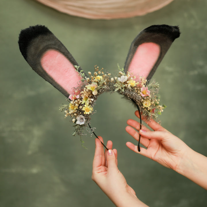 Grey Bunny Ears Headband with Pink & Yellow Flowers - Festival – handmade floral hair accessory by magaela