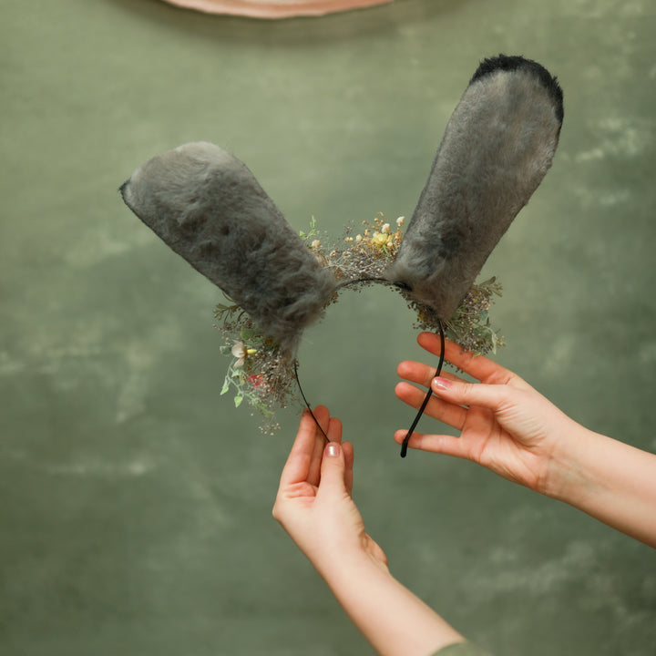 Grey Bunny Ears Headband with Pink & Yellow Flowers - Festival – handmade floral hair accessory by magaela