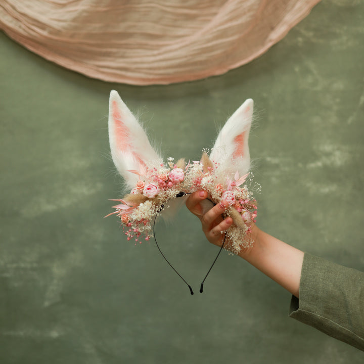 White Bunny Ears Headband with Flowers - Festival & Photoshoot – handmade floral hair accessory by magaela