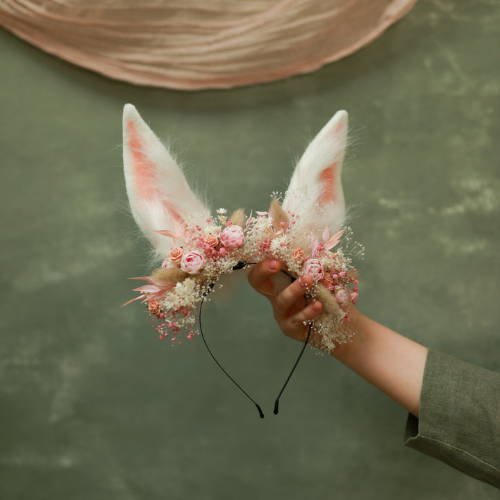 White Bunny Ears Headband with Flowers - Festival & Photoshoot – handmade floral hair accessory by magaela