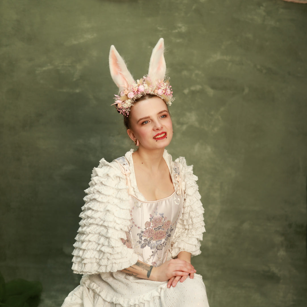 White Bunny Ears Headband with Flowers - Festival & Photoshoot – handmade floral hair accessory by magaela
