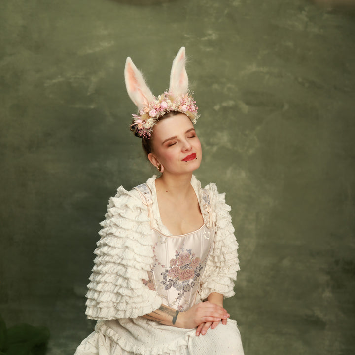 White Bunny Ears Headband with Flowers - Festival & Photoshoot – handmade floral hair accessory by magaela