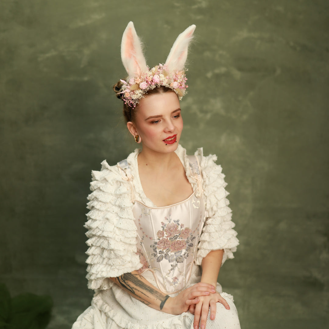 White Bunny Ears Headband with Flowers - Festival & Photoshoot – handmade floral hair accessory by magaela