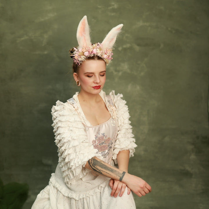 White Bunny Ears Headband with Flowers - Festival & Photoshoot – handmade floral hair accessory by magaela