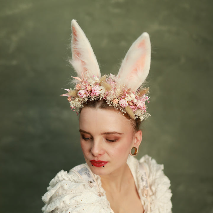 White Bunny Ears Headband with Flowers - Festival & Photoshoot – handmade floral hair accessory by magaela